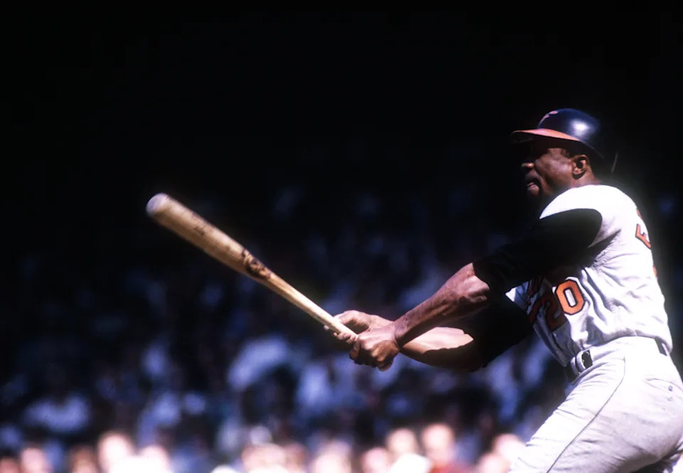 Jul 1966; Unknown Location, USA; FILE PHOTO; Baltimore Orioles outfielder (20) Frank Robinson at bat during the 1966 season.