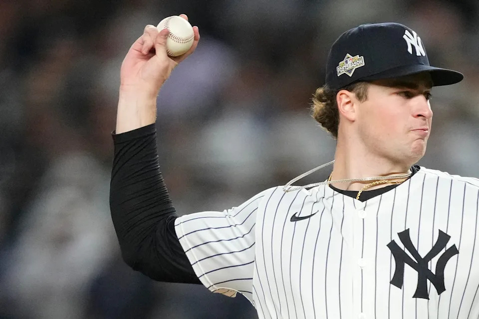New York Yankees pitcher Cam Schlittler delivers against the Boston Red Sox during the eighth inning of Game 3 of an American League wild-card baseball playoff series, Thursday, Oct. 2, 2025, in New York. (AP Photo/Yuki Iwamura)