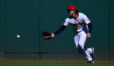 Cleveland Guardians center fielder Chase DeLauter misses a ball hit by Detroit Tigers' Gleyber Torres for a fielding error in the first inning of Game 2 of the American League Wild Card baseball playoff series in Cleveland, Wednesday, Oct. 1, 2025.
