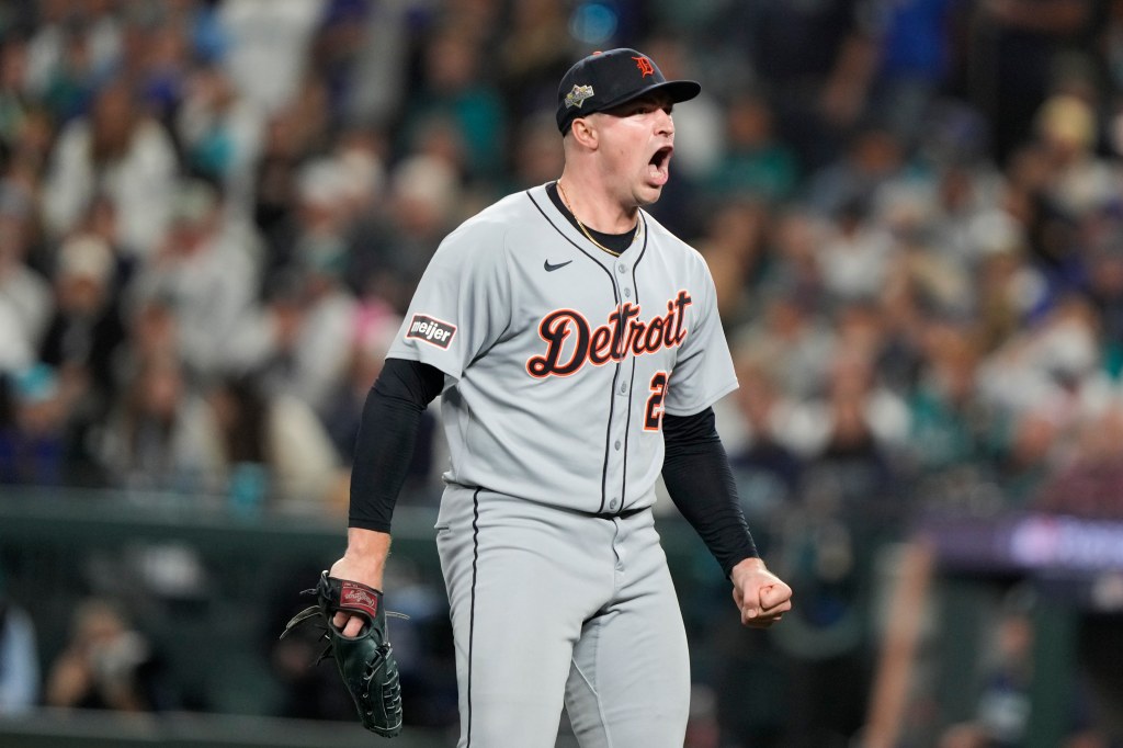Detroit Tigers pitcher Tarik Skubal yells after striking out a Seattle Mariners batter.