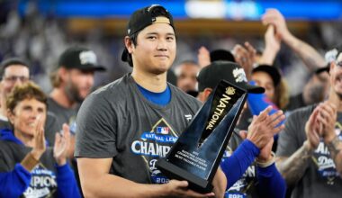 Los Angeles Dodgers pitcher Shohei Ohtani celebrates their win against the Milwaukee Brewers in baseball's National League Championship Series, Friday, Oct. 17, 2025, in Los Angeles.
