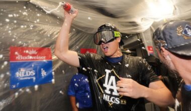Los Angeles Dodgers' Shohei Ohtani celebrates after his team's win over the Philadelphia Phillies in Game 4 of baseball's National League Division Series on Thursday in LA. (AP Photo/Jae C. Hong)