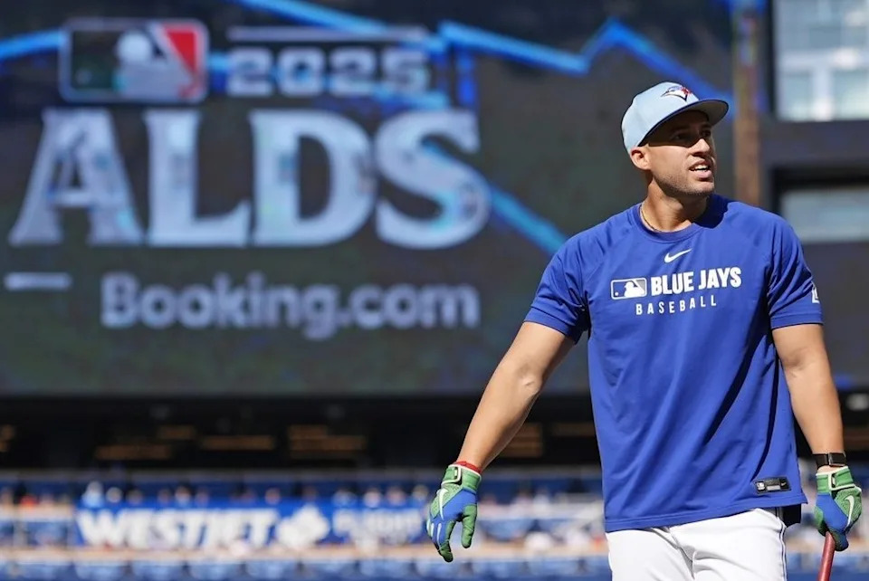  George Springer of the Toronto Blue Jays looks on ahead of Game 1 of the Division Series against the New York Yankees at Rogers Centre on Oct. 4, 2025.