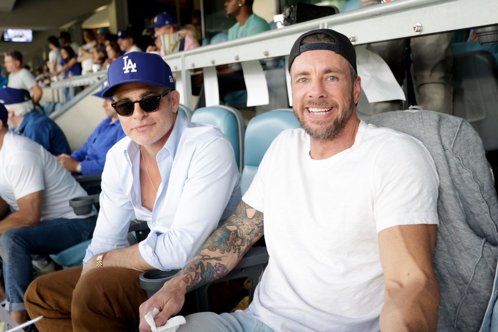Chris Pine and Dax Sheppard pose for a photo in the suite during Game Four of the 2025 World Series presented by Capital One between the Toronto Blue Jays and the Los Angeles Dodgers at Dodger Stadium on Tuesday, October 28, 2025 in Los Angeles, California. 