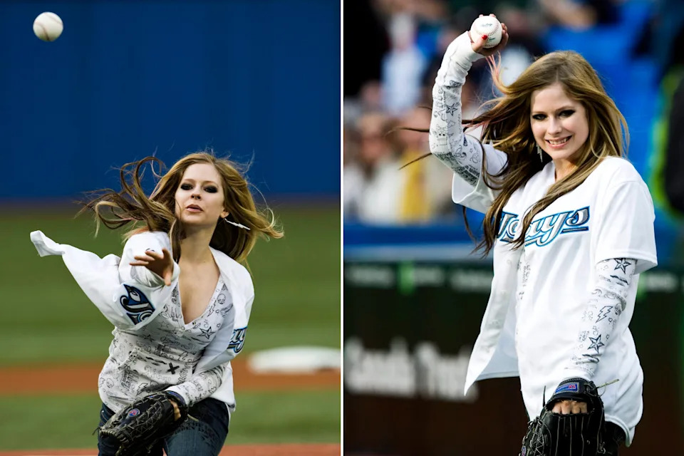 Avril Lavigne throwing the pitch at a Blue Jays game in 2009. (Photos by Nathan Denette/The Canadian Press)