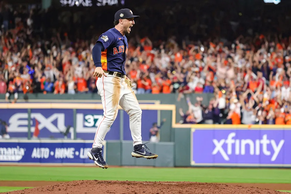 HOUSTON, TEXAS - NOVEMBER 05: Alex Bregman #2 of the Houston Astros celebrates after the last out to defeat the Philadelphia Phillies 4-1 in in Game Six of the 2022 World Series at Minute Maid Park on November 05, 2022 in Houston, Texas. (Photo by Carmen Mandato/Getty Images)