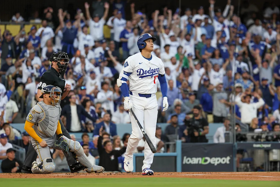 LOS ANGELES, CA - OCTOBER 17: Shohei Ohtani #17 of the Los Angeles Dodgers hits a solo home run in the first inning during Game Four of the National League Championship Series presented by loanDepot between the Milwaukee Brewers and the Los Angeles Dodgers at Dodger Stadium on Friday, October 17, 2025 in Los Angeles, California. (Photo by Rob Leiter/MLB Photos via Getty Images)