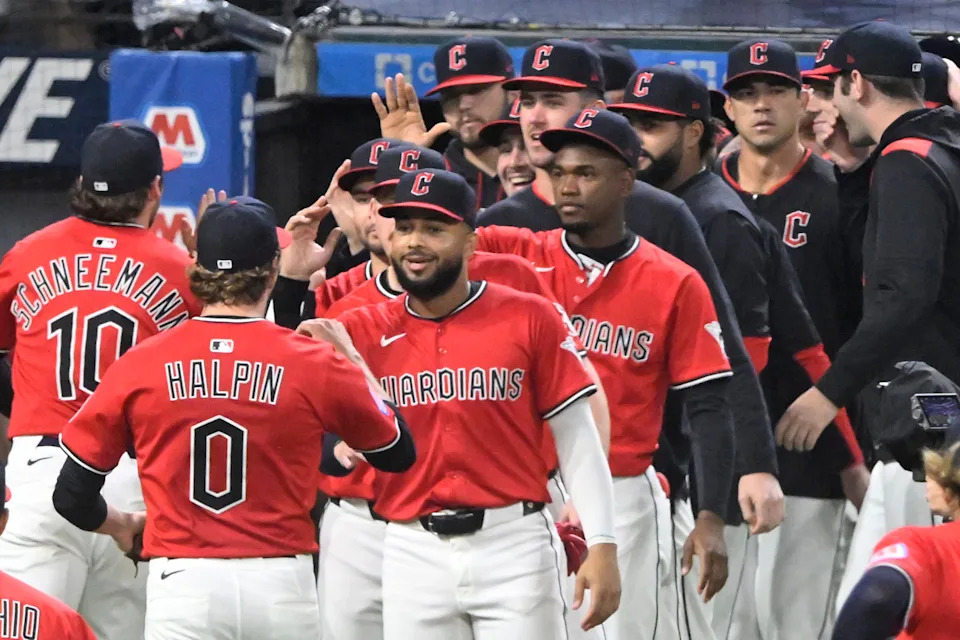 The Cleveland Guardians celebrate their Sept. 24 win over the Detroit Tigers at Progressive Field.