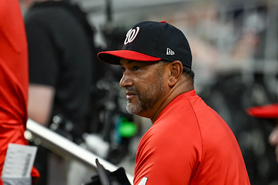 ATLANTA, GA  MAY 14:  Washington manager Dave Martinez (4) looks on from the dugout during the MLB game between the Washington Nationals and the Atlanta Braves on May 14th, 2025 at Truist Park in Atlanta, GA. (Photo by Rich von Biberstein/Icon Sportswire via Getty Images)