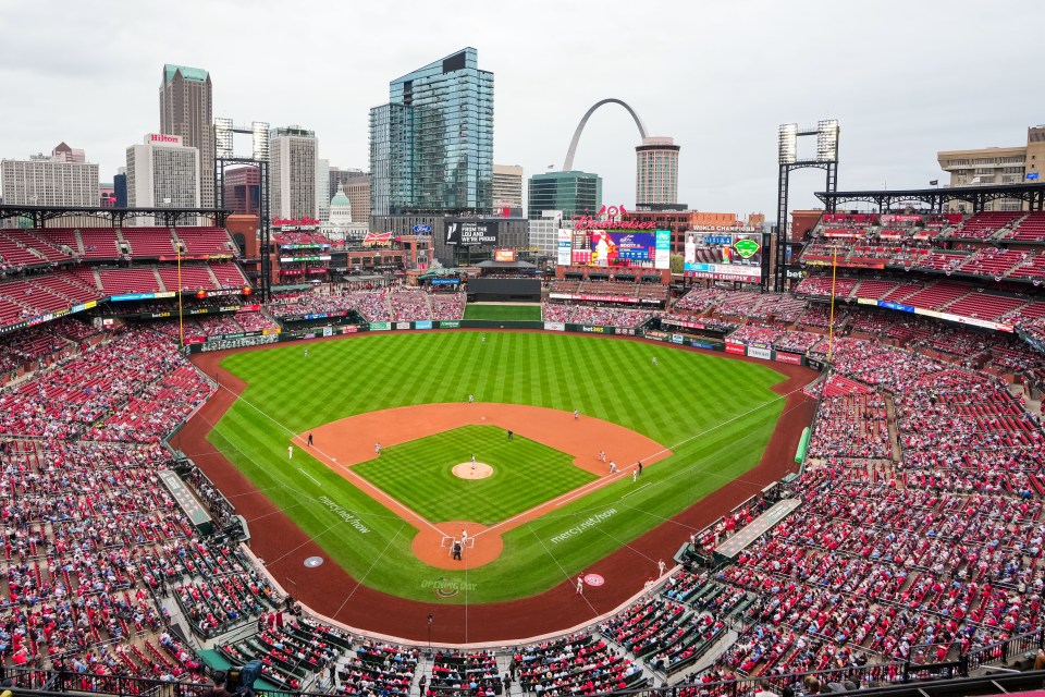 General view of a baseball game between the Minnesota Twins and the St. Louis Cardinals at Busch Stadium.
