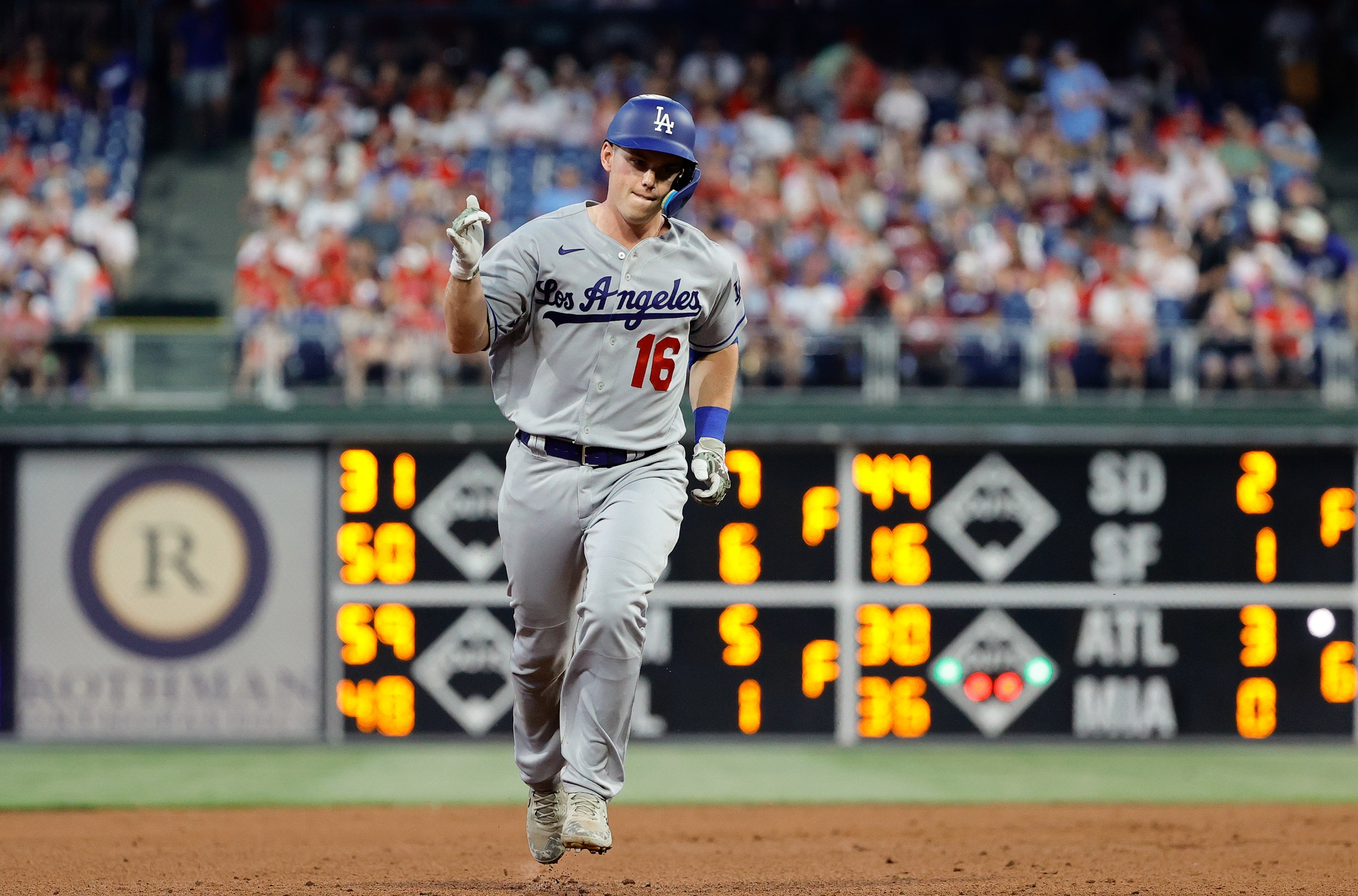 PHILADELPHIA, PENNSYLVANIA - MAY 21: Will Smith #16 of the Los Angeles Dodgers rounds bases after hitting a solo home run during the sixth inning against the Philadelphia Philliesat Citizens Bank Park on May 21, 2022 in Philadelphia, Pennsylvania. (Photo by Tim Nwachukwu/Getty Images)