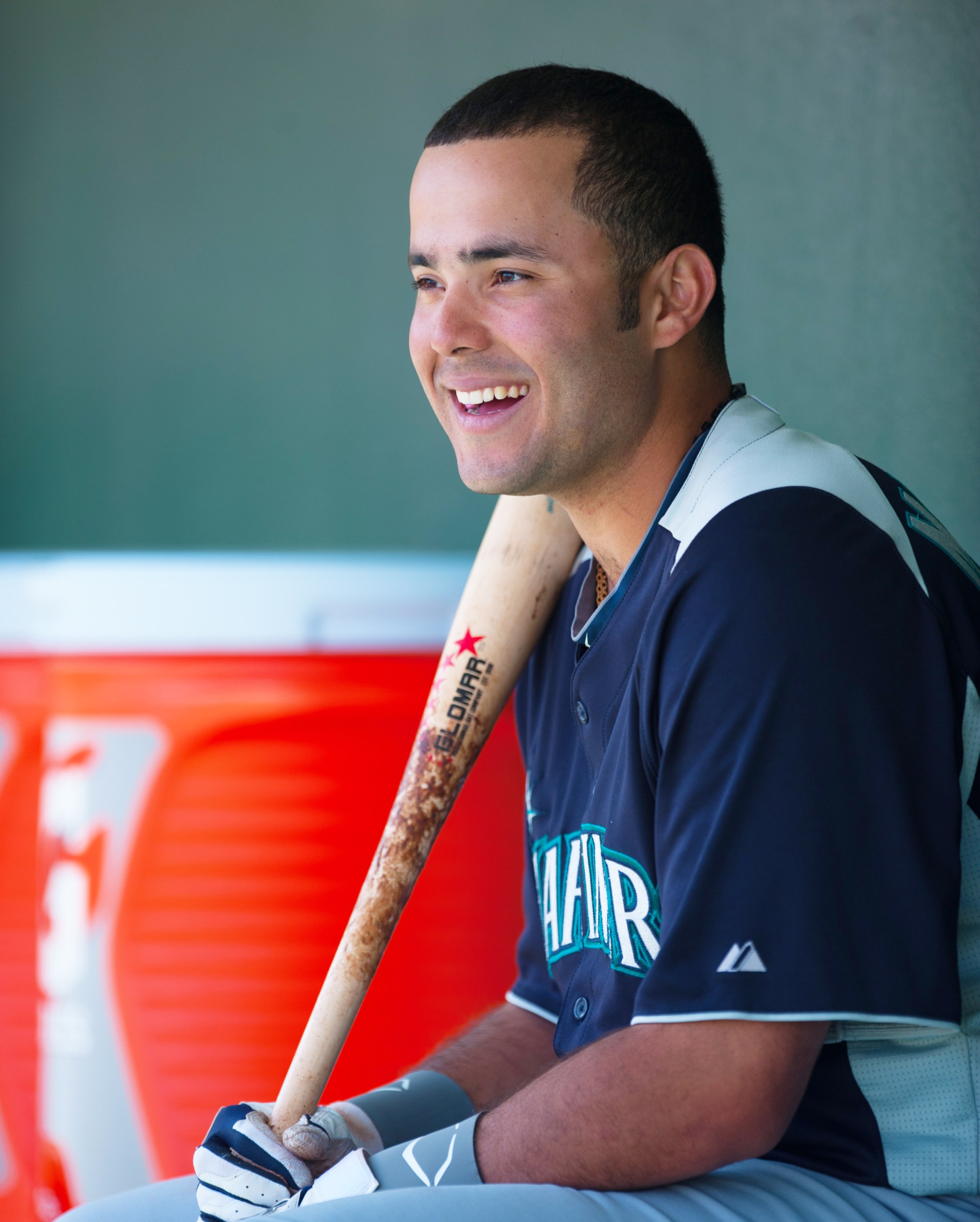 MESA, AZ - MARCH 8: Jesus Montero #63 of the Seattle Mariners looks on before the game against the Chicago Cubs at HoHoKam Stadium on March 8, 2012 in Mesa, Arizona. (Photo by Rob Tringali/Getty Images)