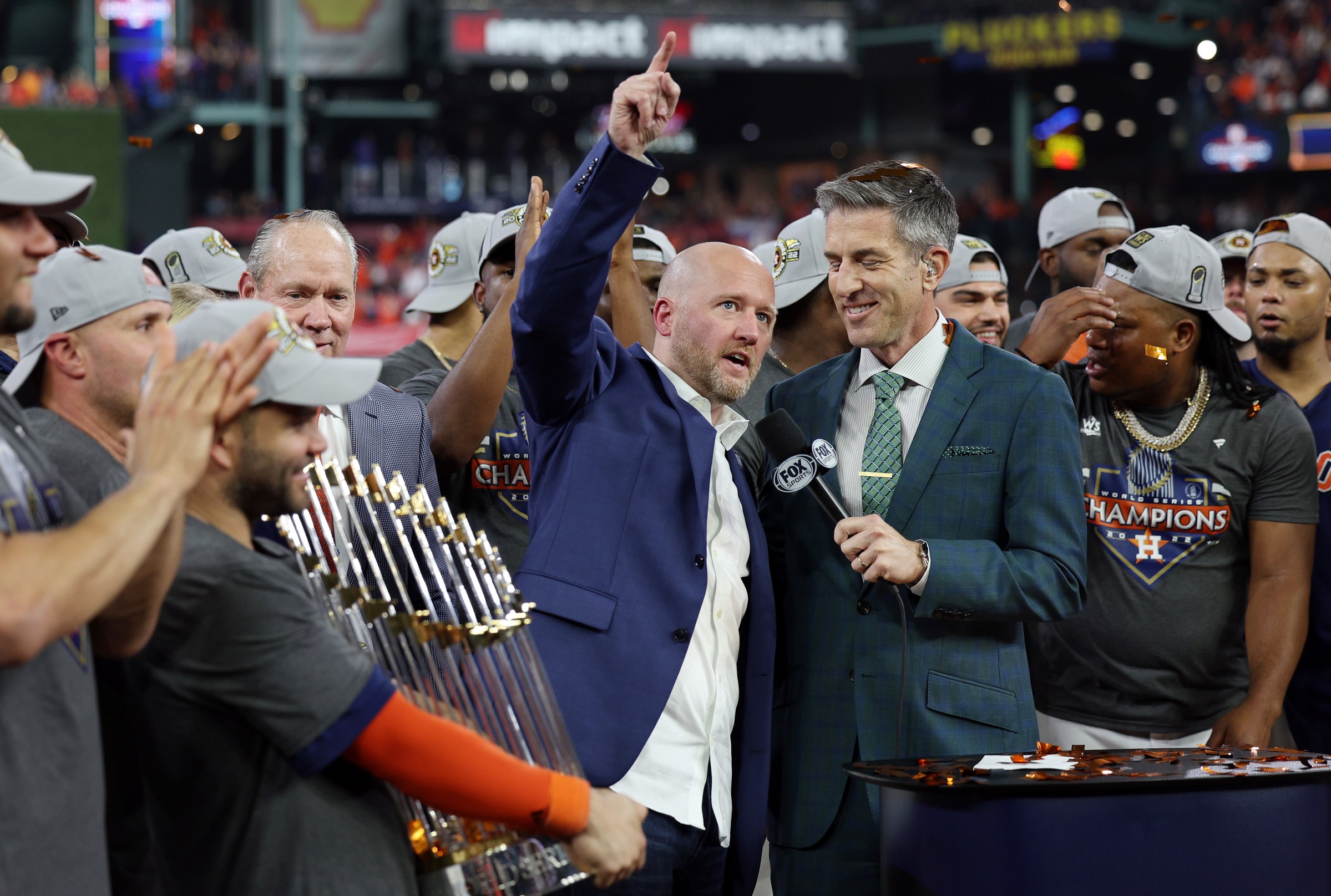 HOUSTON, TEXAS - NOVEMBER 05: General Manager James Click of the Houston Astros speaks with Kevin Burkhardt following a 4-1 victory in Game Six of the 2022 World Series at Minute Maid Park on November 05, 2022 in Houston, Texas. (Photo by Harry How/Getty Images)