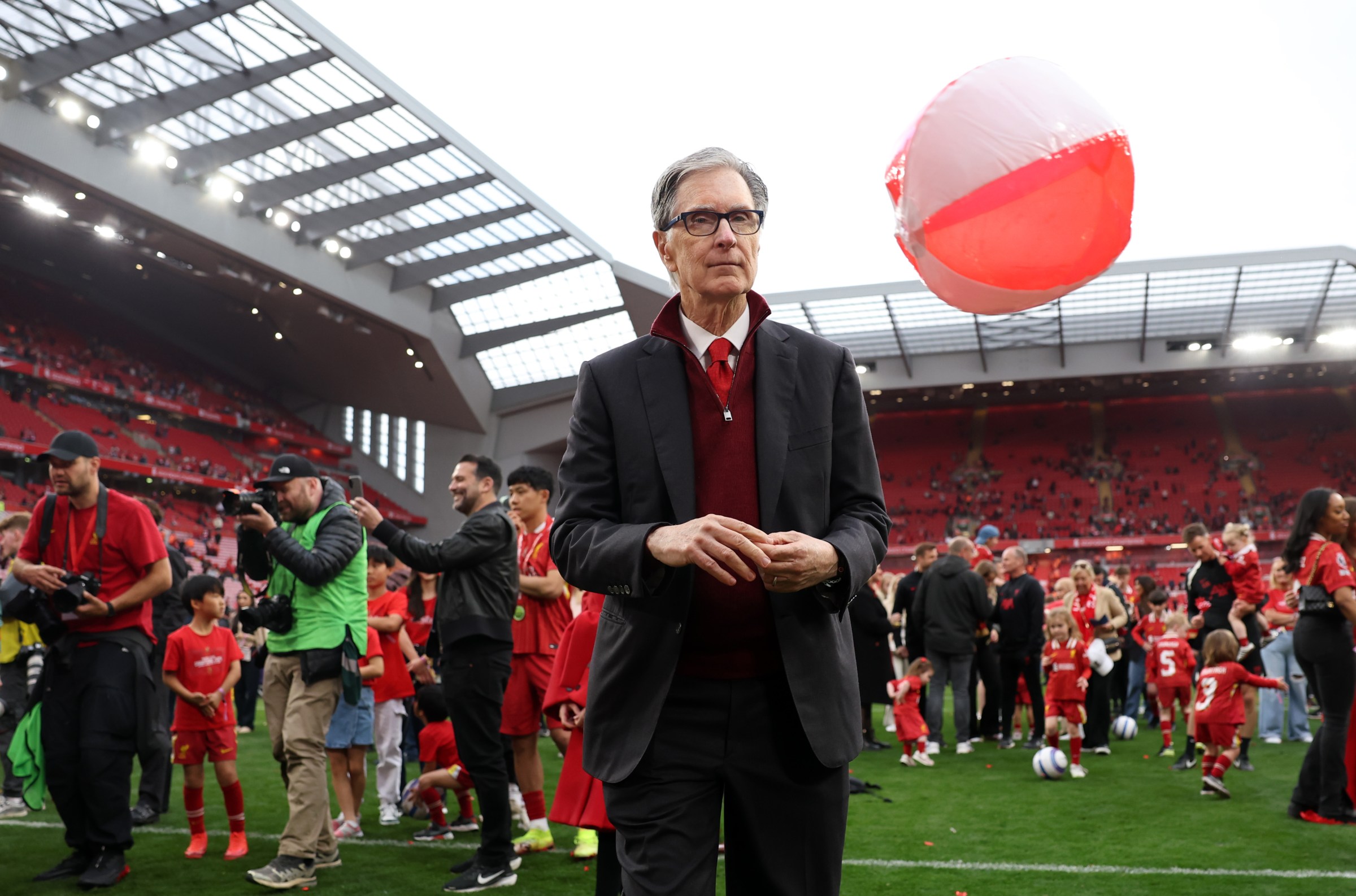 LIVERPOOL, ENGLAND - MAY 25: John Henry, Principal Owner of Liverpool looks on, as Liverpool celebrate being crowned the Champions of the Premier League for the 2024/25 Season following during the Premier League match between Liverpool FC and Crystal Palace FC at Anfield on May 25, 2025 in Liverpool, England. (Photo by Carl Recine/Getty Images)