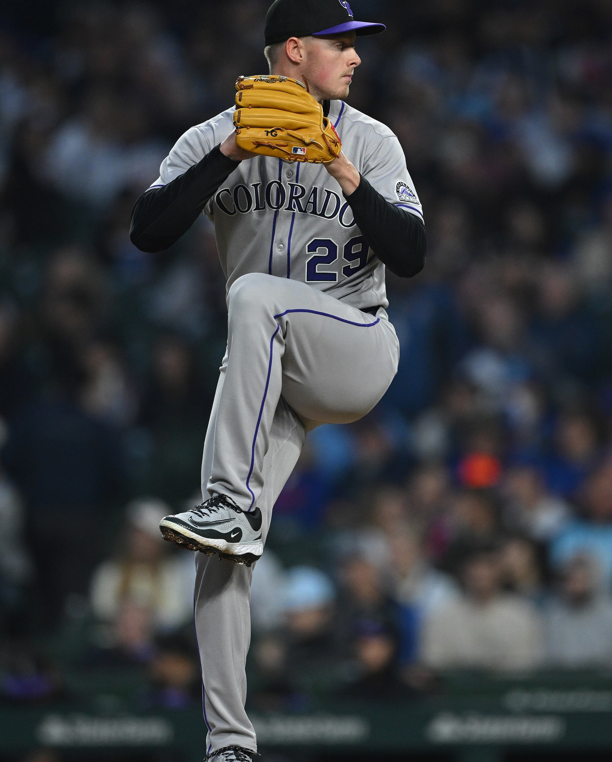 CHICAGO, ILLINOIS - MAY 28: Tanner Gordon #29 of the Colorado Rockies delivers a pitch against the Chicago Cubs at Wrigley Field on May 28, 2025 in Chicago, Illinois. (Photo by Daniel Bartel/Getty Images)