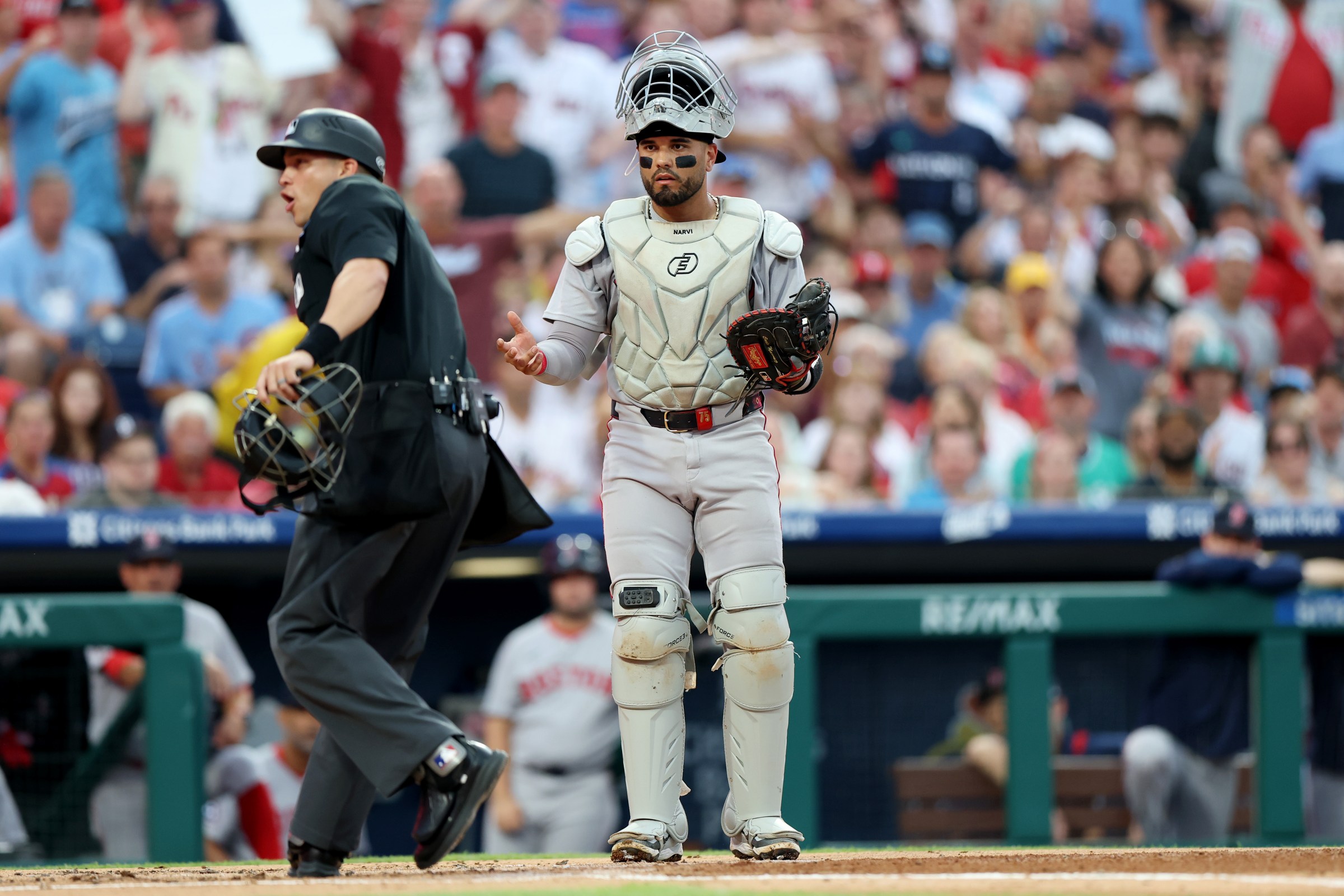 PHILADELPHIA, PENNSYLVANIA - JULY 22: Carlos Narváez #75 of the Boston Red Sox reacts to catchers interference during a game between the Philadelphia Phillies and Boston Red Sox at Citizens Bank Park on July 22, 2025 in Philadelphia, Pennsylvania. (Photo by Emilee Chinn/Getty Images)