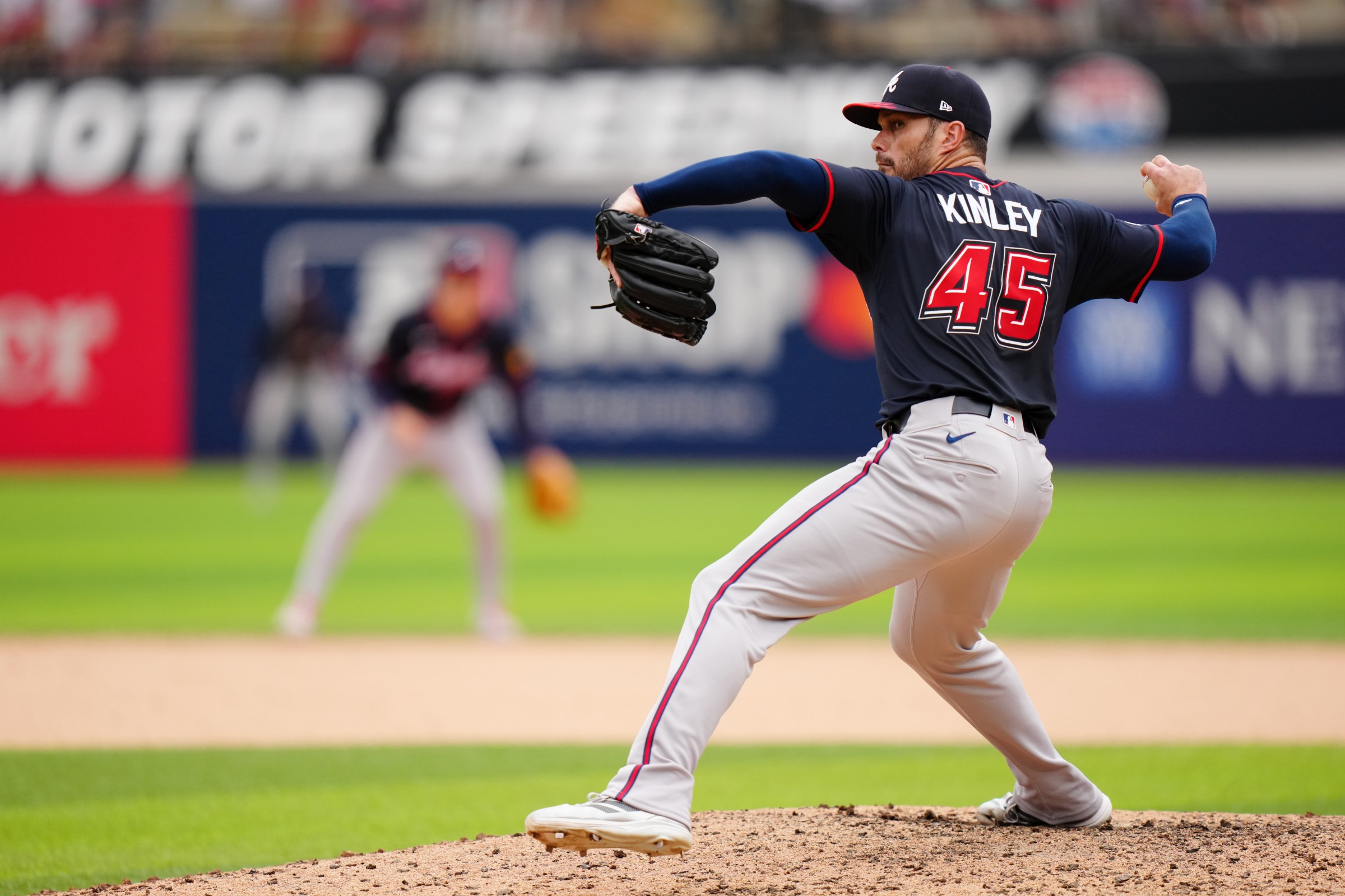 BRISTOL, TN - AUGUST 03: Tyler Kinley #45 of the Atlanta Braves pitches during the 2025 MLB Speedway Classic presented by BulidSubmarines.com between the Atlanta Braves and the Cincinnati Reds at Bristol Motor Speedway on Sunday, August 3, 2025 in Bristol, Tennessee. (Photo by Daniel Shirey/MLB Photos via Getty Images)