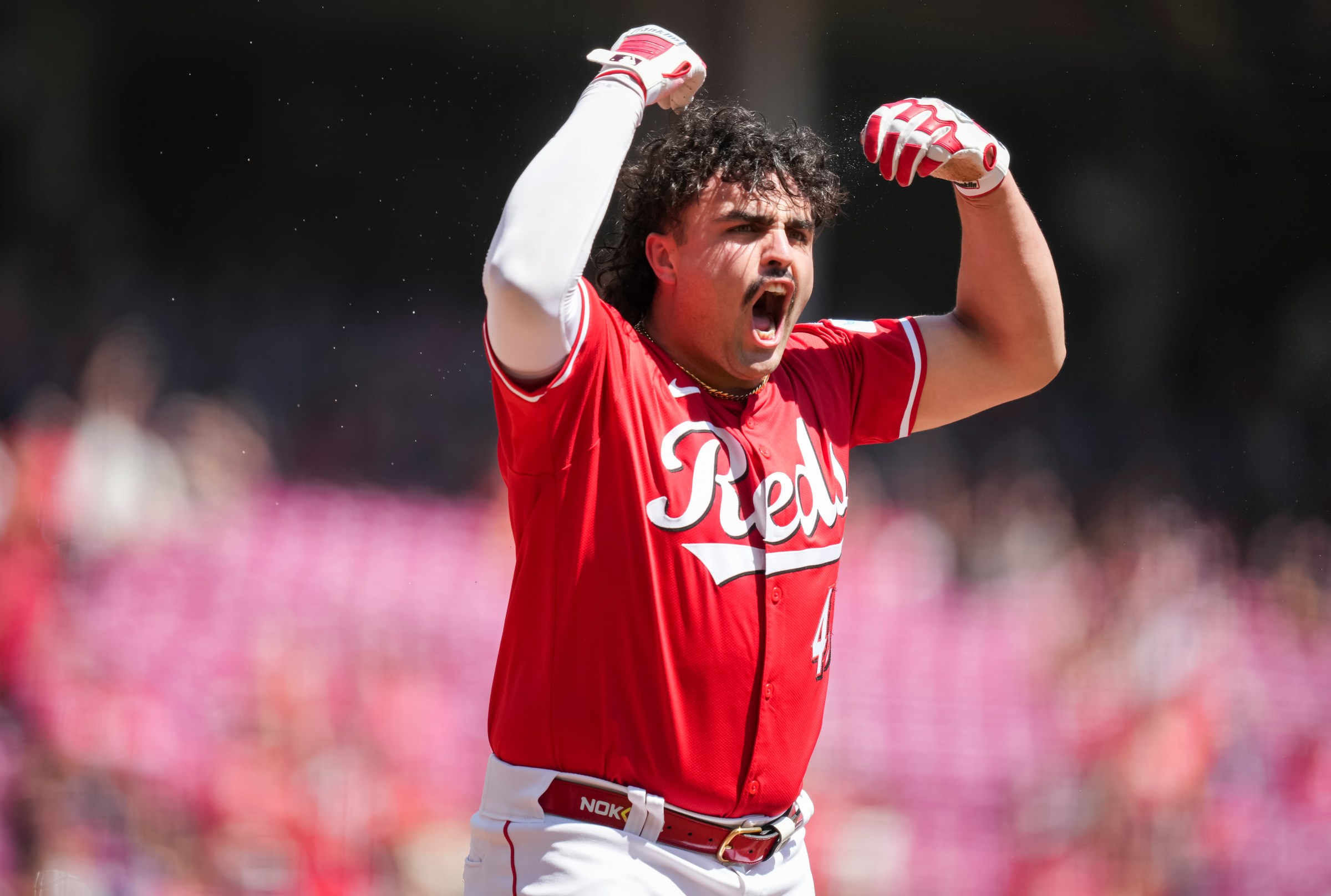 CINCINNATI, OHIO - SEPTEMBER 01: Sal Stewart #43 of the Cincinnati Reds reacts after scoring during his MLB Debut against the Toronto Blue Jays at Great American Ball Park on September 01, 2025 in Cincinnati, Ohio. (Photo by Kate Woolson/Cincinnati Reds/Getty Images)