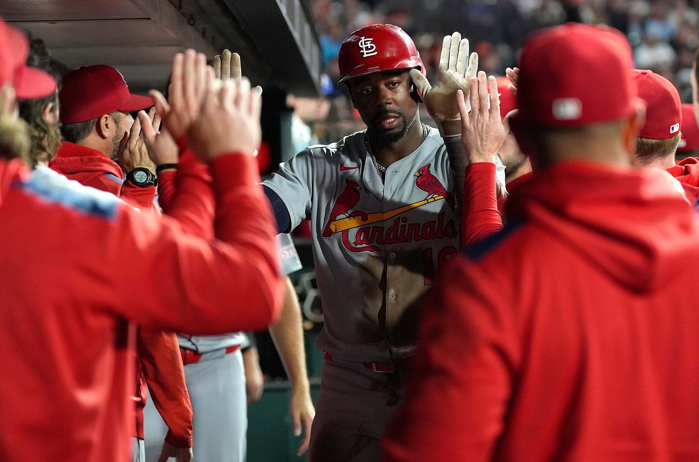 SAN FRANCISCO, CALIFORNIA - SEPTEMBER 22: Jordan Walker #18 of the St. Louis Cardinals is congratulated by teammates after he scored against the San Francisco Giants in the top of the fourth inning at Oracle Park on September 22, 2025 in San Francisco, California. (Photo by Thearon W. Henderson/Getty Images)