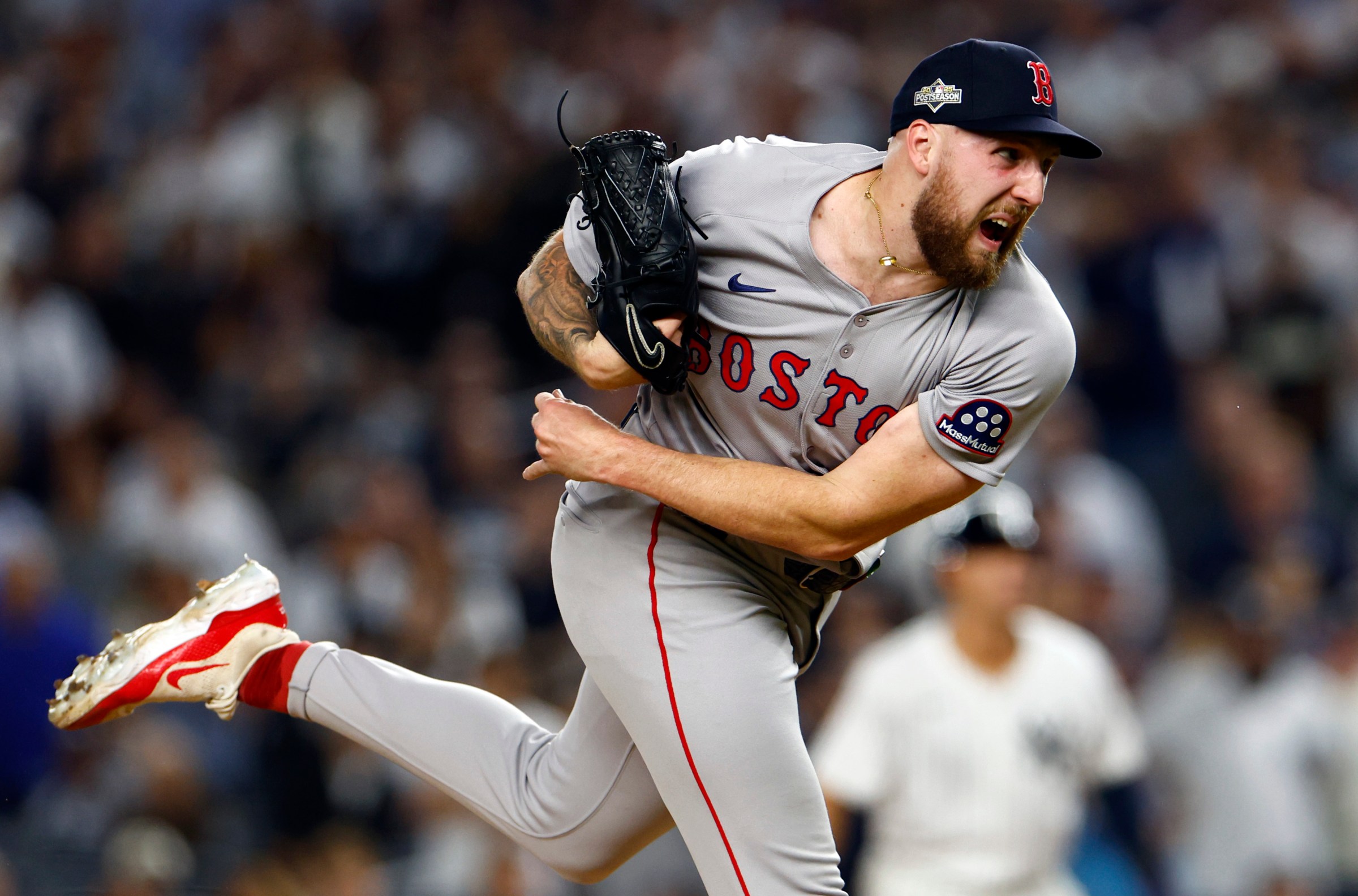New York, NY - September 30: Boston Red Sox starting pitcher Garrett Crochet strikes out a New York Yankees batter in the eighth inning of Game 1 of the Wild Card playoff series at Yankee Stadium on September 30, 2025. (Photo by Danielle Parhizkaran/The Boston Globe via Getty Images)