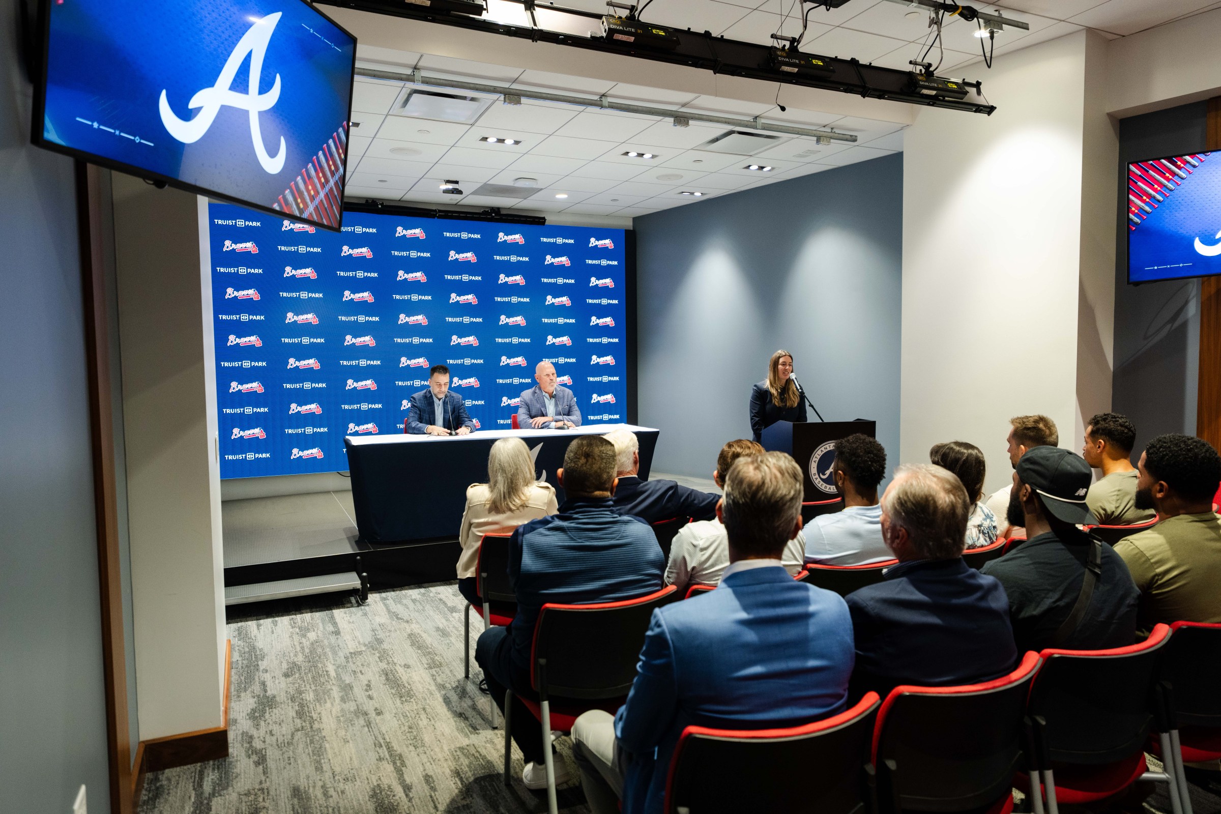 ATLANTA, GA - OCTOBER 01: Alex Anthopoulos and Brian Snitker speak to the media during a press conference announcing Snitker’s retirement as manager of the Atlanta Braves at Truist Park on October 1, 2025 in Atlanta, Georgia. (Photo by Kevin D. Liles/Atlanta Braves/Getty Images)