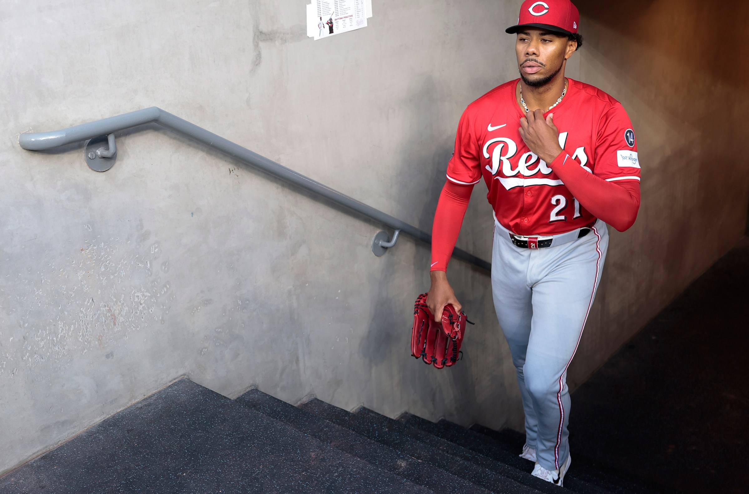 LOS ANGELES, CALIFORNIA - SEPTEMBER 30: Hunter Greene #21 of the Cincinnati Reds walks to the bullpen before the game against the Los Angeles Dodgers in game one of the National League Wild Card Series at Dodger Stadium on September 30, 2025 in Los Angeles, California. (Photo by Ronald Martinez/Getty Images)