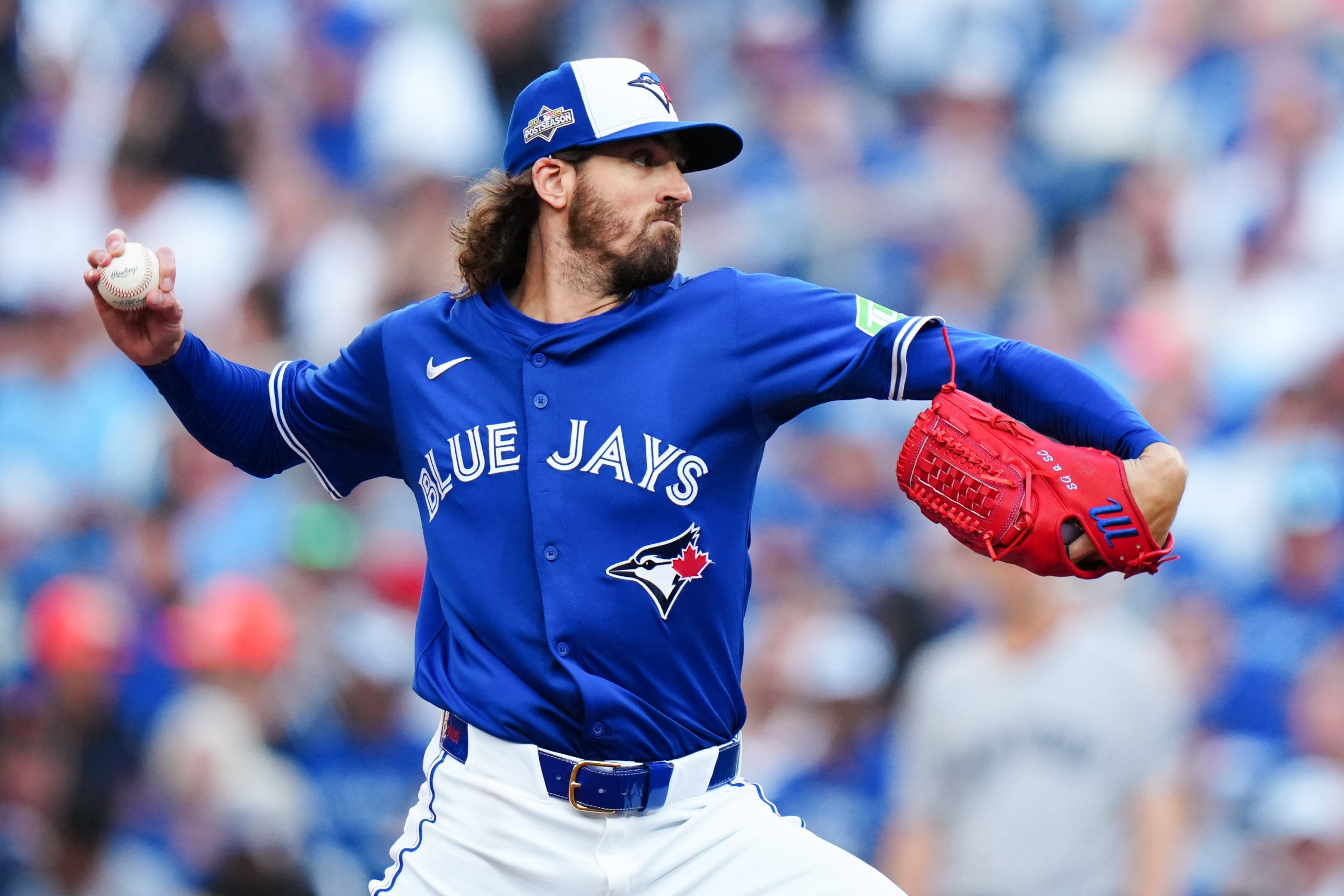 TORONTO, ON - OCTOBER 04: Kevin Gausman #34 of the Toronto Blue Jays pitches during Game One of the American League Division Series presented by Booking.com between the New York Yankees and the Toronto Blue Jays at Rogers Centre on Saturday, October 4, 2025 in Toronto, Ontario, Canada. (Photo by Daniel Shirey/MLB Photos via Getty Images)