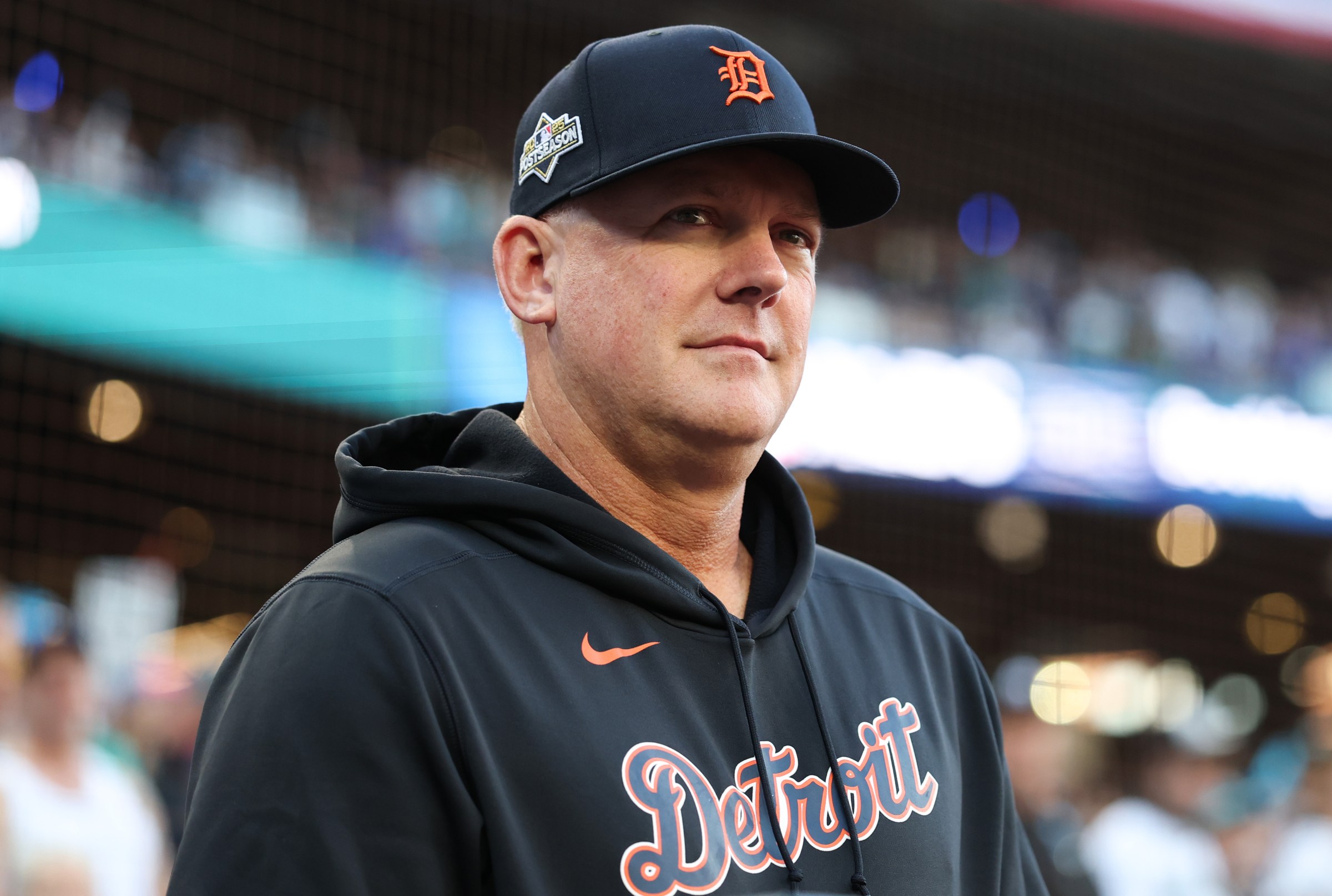 SEATTLE, WASHINGTON - OCTOBER 05: Manager A.J. Hinch #14 of the Detroit Tigers looks on prior to playing the Seattle Mariners in game two of the Division Series at T-Mobile Park on October 05, 2025 in Seattle, Washington. (Photo by Steph Chambers/Getty Images)