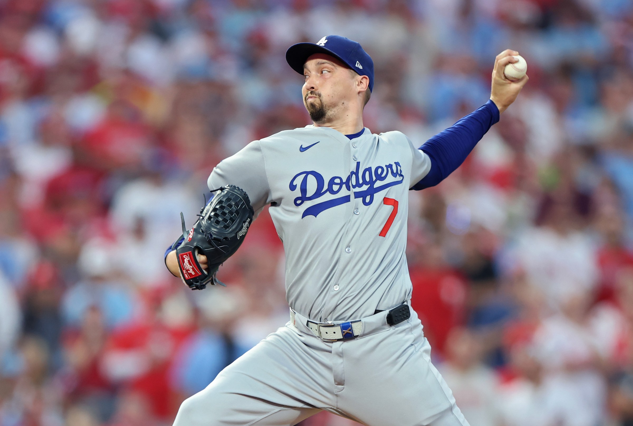 PHILADELPHIA, PENNSYLVANIA - OCTOBER 06: Blake Snell #7 of the Los Angeles Dodgers pitches during the first inning against the Philadelphia Phillies in game two of the National League Division Series at Citizens Bank Park on October 06, 2025 in Philadelphia, Pennsylvania. (Photo by Emilee Chinn/Getty Images)