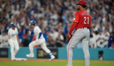 Cincinnati Reds starting pitcher Hunter Greene stands off the mound after giving up a solo home run to Los Angeles Dodgers' Tommy Edman during the third inning in Game 1 of the National League Wild Card baseball playoff series Tuesday, Sept. 30, 2025, in Los Angeles. (AP Photo/Mark J. Terrill)