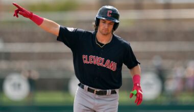Cleveland Guardians' Chase DeLauter points as he rounds the bases after hitting a three-run home run against the Chicago White Sox during the first inning of a spring training baseball game, March 18, 2024, in Phoenix. (AP Photo/Ross D. Franklin)