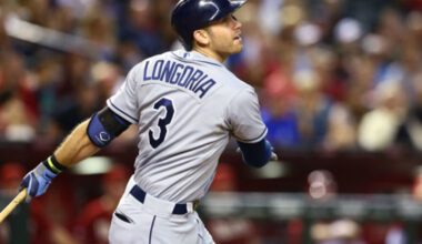 Evan Longoria swings while playing on the road for the Tampa Bay Rays.