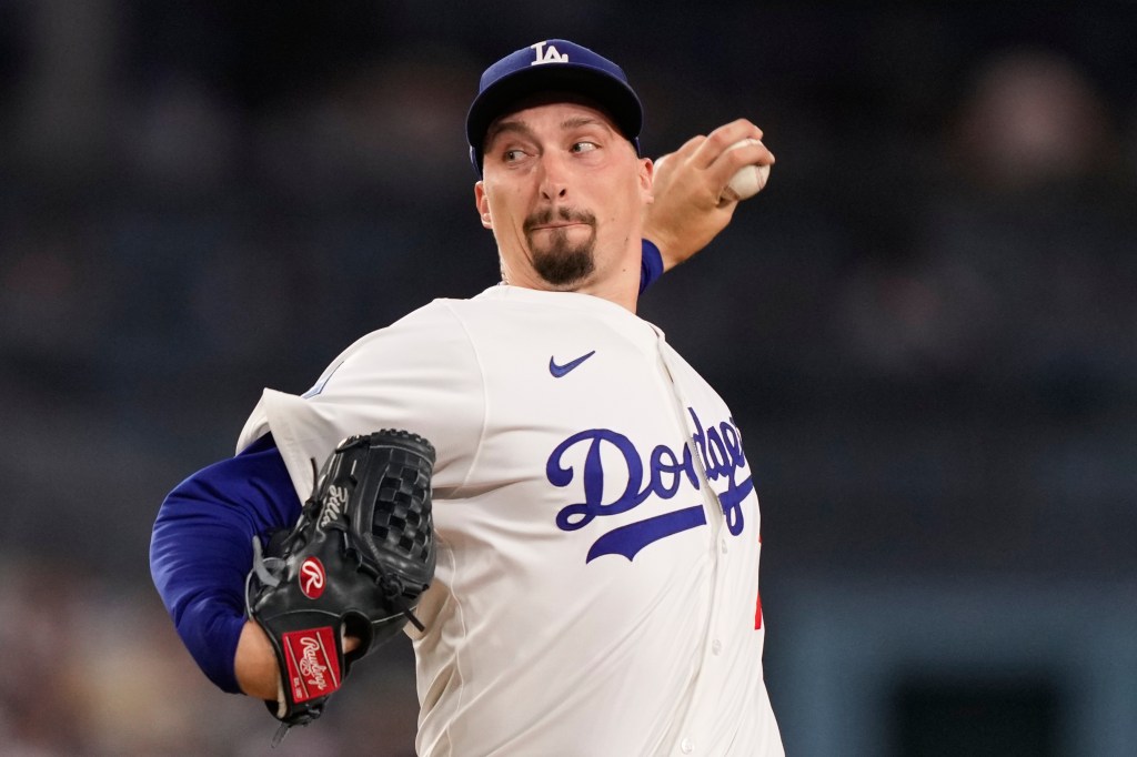 Dodgers pitcher Blake Snell throwing a baseball.