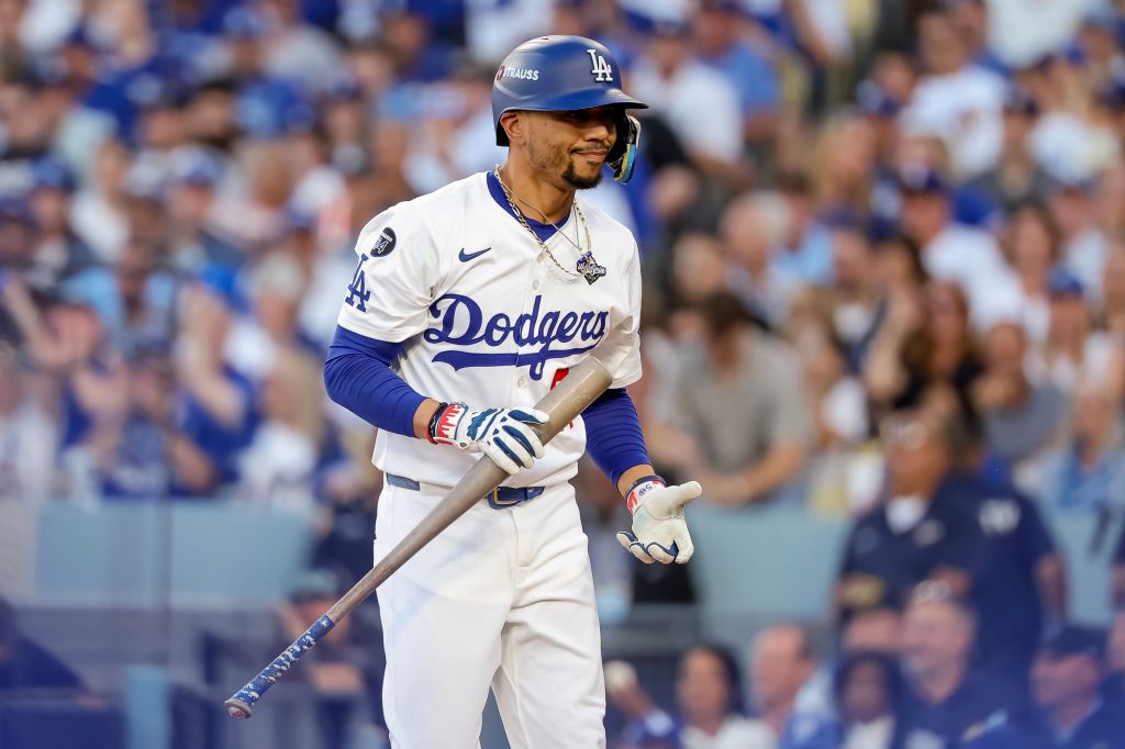 Los Angeles Dodgers shortstop Mookie Betts reacts after striking out against the Toronto Blue Jays during the first inning of the MLB World Series Game 5.