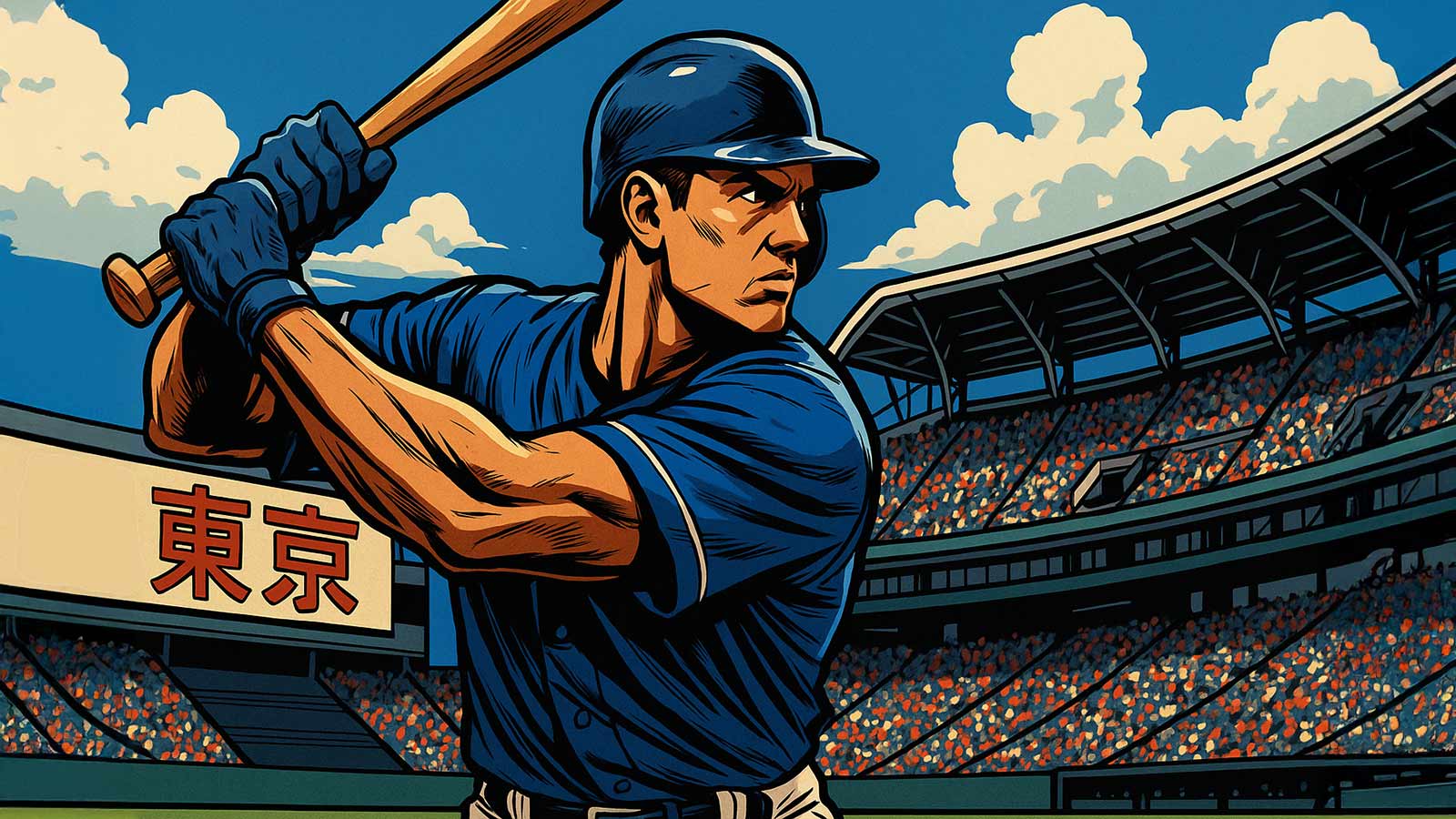 Marvel Comics-style digital illustration of a baseball player in Tokyo Dome, representing Major League Baseball in Japan — Major League Baseball Japan.