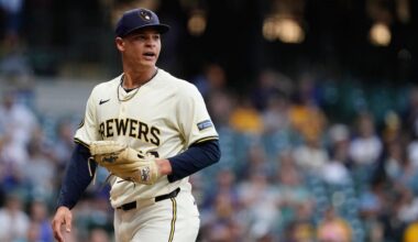 Milwaukee Brewers' Tobias Myers reacts to a defensive play as he walks to the dugout in the fourth inning of a baseball game against the Pittsburgh Pirates, Wednesday, July 10, 2024, in Milwaukee.