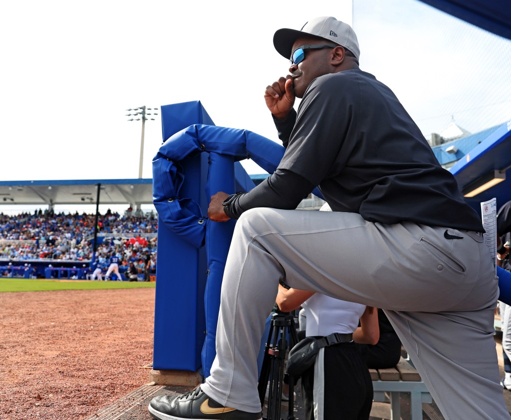 New York Yankees hitting coach James Rowson in the dugout during a game.