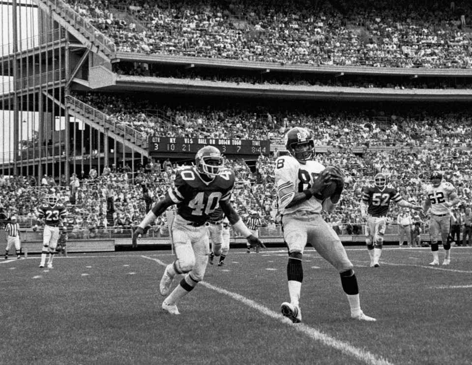 Pittsburgh Steelers Hall of Fame wide receiver Lynn Swann makes a reception in a 28-17 win over the New York Jets on October 1, 1978 at Shea Stadium