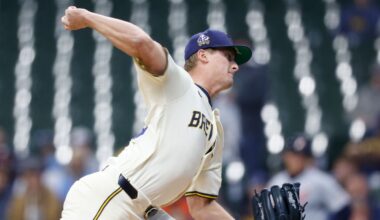 Milwaukee Brewers pitcher Quinn Priester throws to the Detroit Tigers during the first inning of a baseball game Tuesday, April 15, 2025, in Milwaukee.