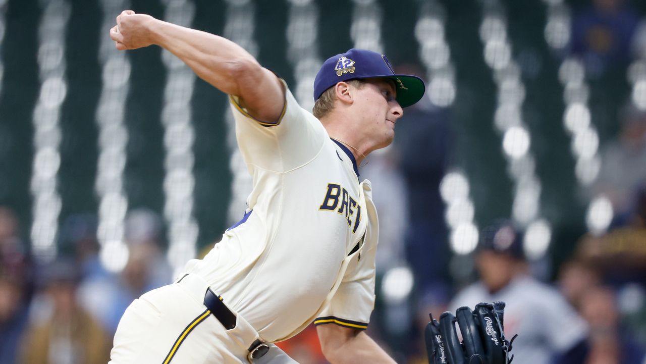 Milwaukee Brewers pitcher Quinn Priester throws to the Detroit Tigers during the first inning of a baseball game Tuesday, April 15, 2025, in Milwaukee.