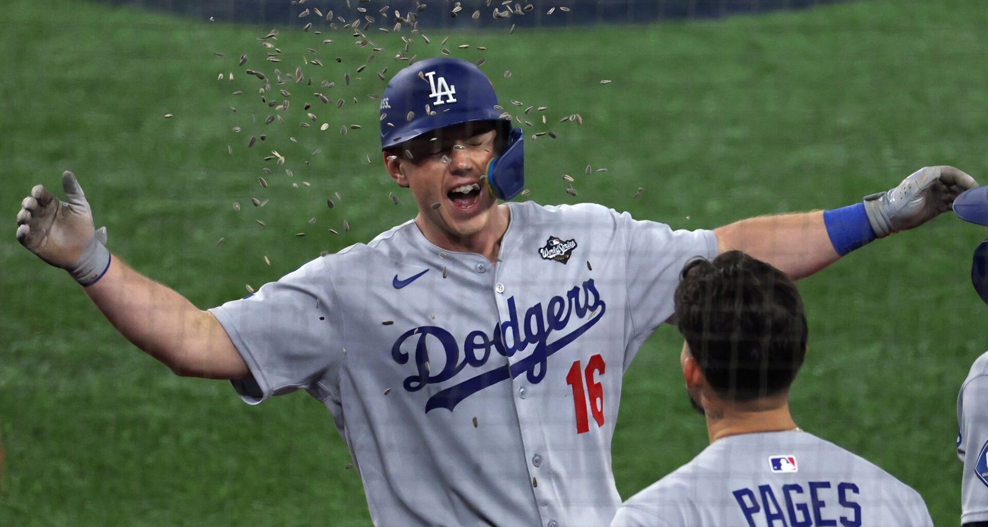 Will Smith of the Los Angeles Dodgers celebrates with Andy Pages after hitting a home run against the Toronto Blue Jays in Game 2 of the 2025 World Series