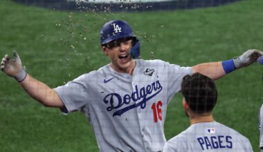 Will Smith of the Los Angeles Dodgers celebrates with Andy Pages after hitting a home run against the Toronto Blue Jays in Game 2 of the 2025 World Series