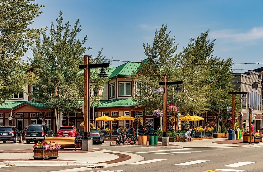 Cyclists in Main Street, downtown Frisco, Colorado.