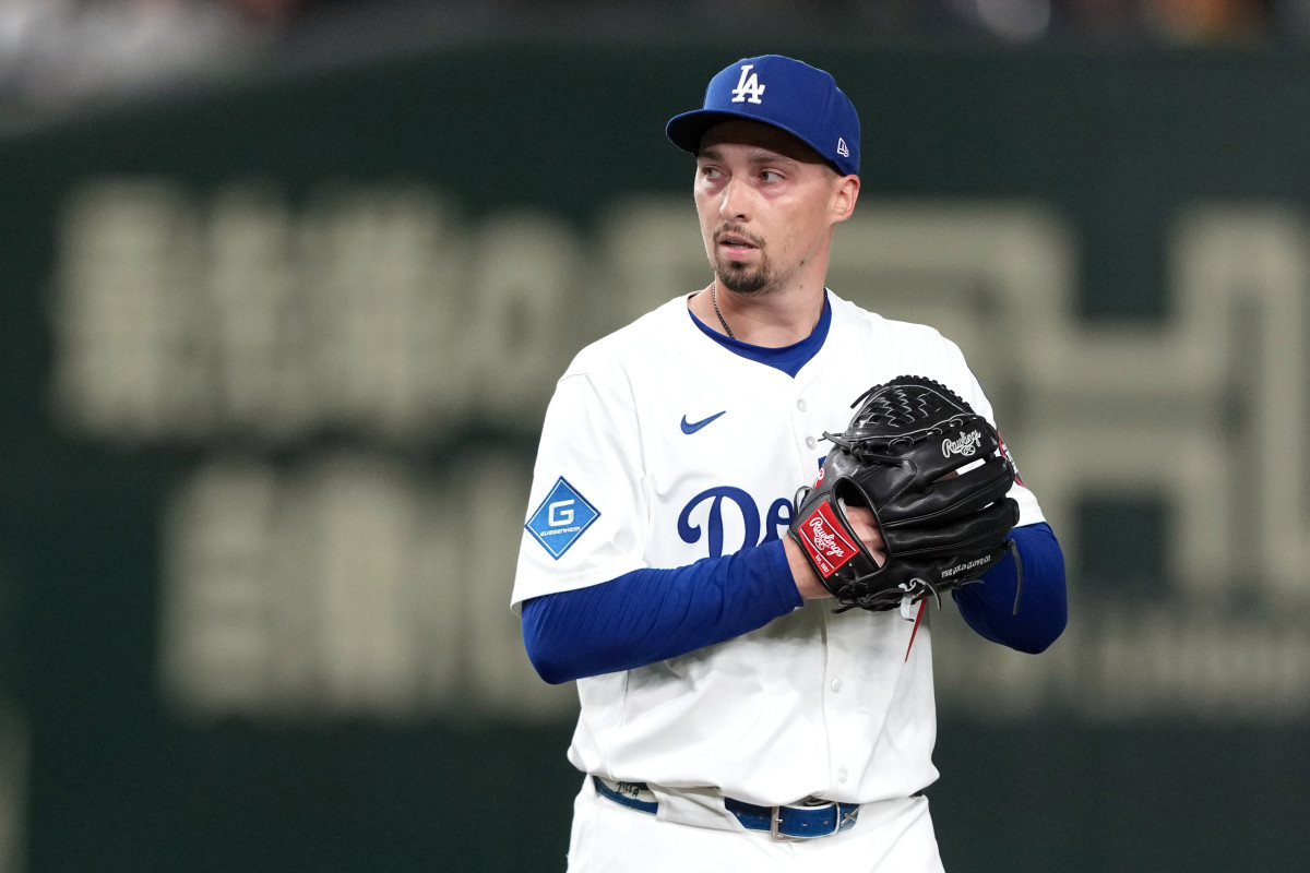 Blake Snell pitches at home for the Los Angeles Dodgers.