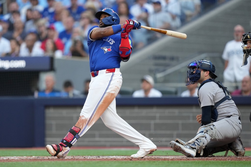 Vladimir Guerrero Jr. hits a grand slam during the Blue Jays-Yankees game on OCt. 5, 2025. 