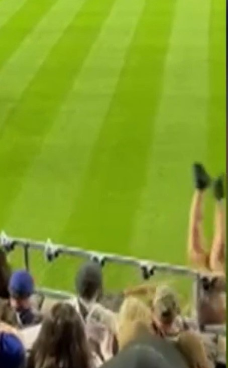 Man falling over railing into stadium stands.