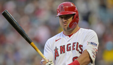 Mike Trout prepares to bat during a home game for the Los Angeles Angels.