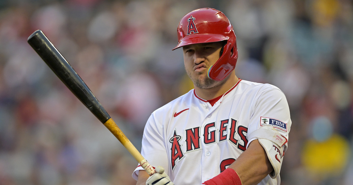 Mike Trout prepares to bat during a home game for the Los Angeles Angels.