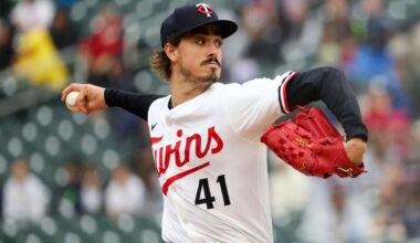 Minnesota Twins pitcher Joe Ryan throws to the Cleveland Guardians during the fourth inning of a baseball game that was suspended Monday because of rain and resumed, Wednesday, May 21, 2025, in Minneapolis.