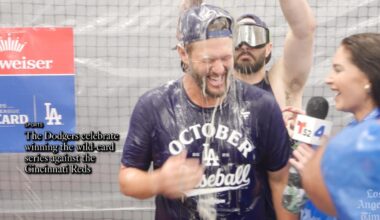 The Dodgers celebrate winning the wild-card series against the Cincinnati Reds